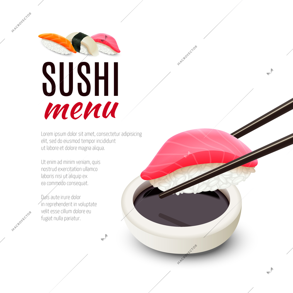 Tuna fish with chopsticks and soy sauce sushi realistic menu background vector illustration