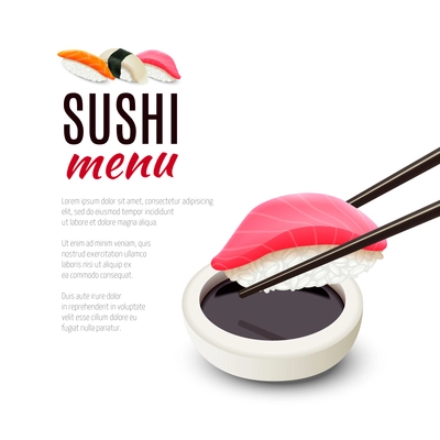 Tuna fish with chopsticks and soy sauce sushi realistic menu background vector illustration