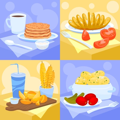 Potato flat 2x2 set of square compositions with served meals made from potatoes with drinks vegetables vector illustration