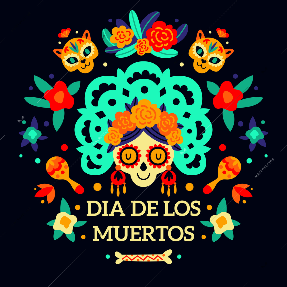 Dead day mexican holiday poster with colorful skull mask festival symbols and title in spanish on black background flat vector illustration