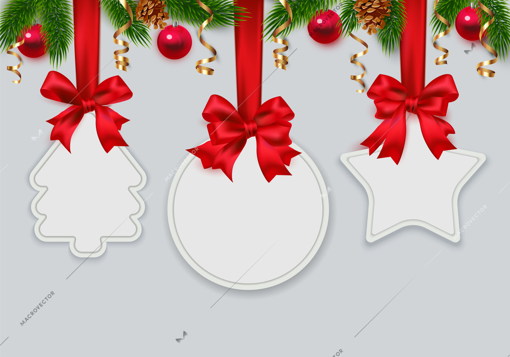 Christmas labels realistic set with tree ball and star shaped frames hanging on red ribbon bows vector illustration