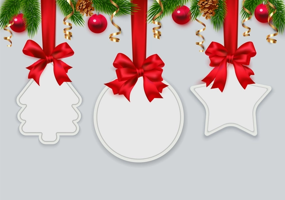 Christmas labels realistic set with tree ball and star shaped frames hanging on red ribbon bows vector illustration