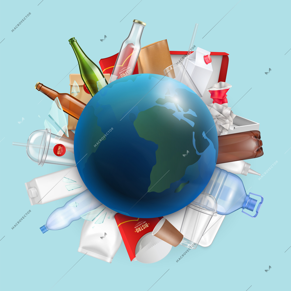 Waste earth realistic composition with image of earth globe on top of round pile of rubbish vector illustration