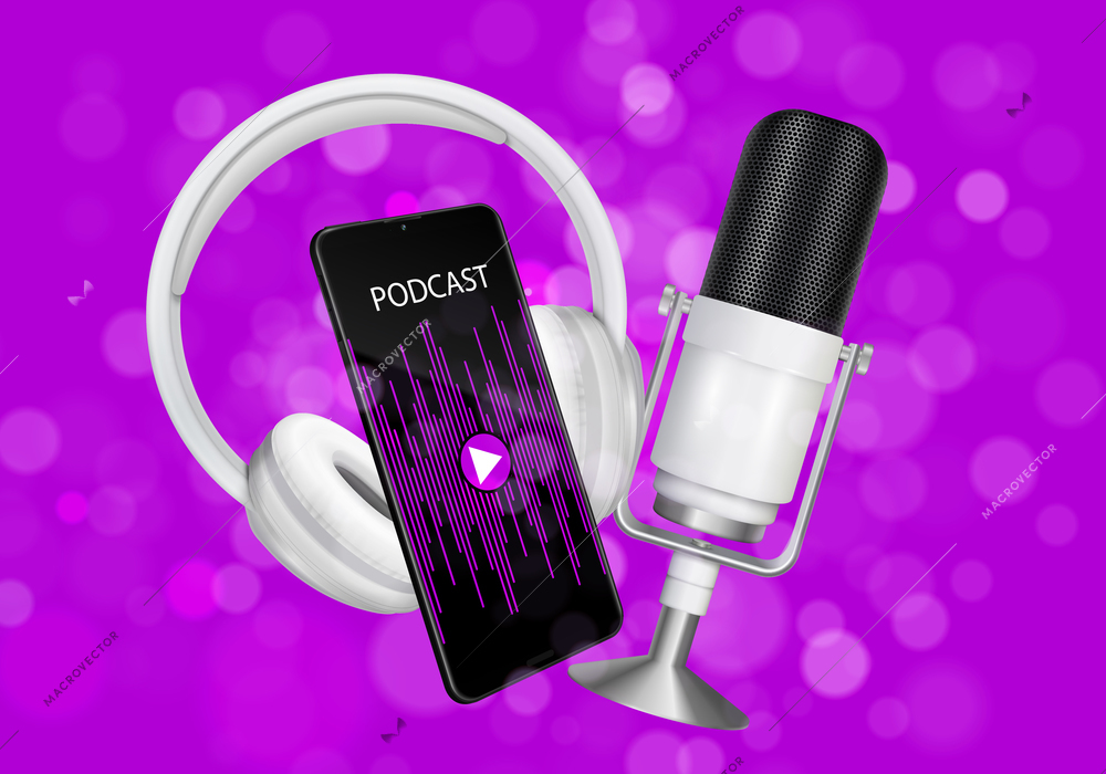 Headphones wireless realistic composition with blurry purple background smartphone with podcast app microphone and wearable phones vector illustration