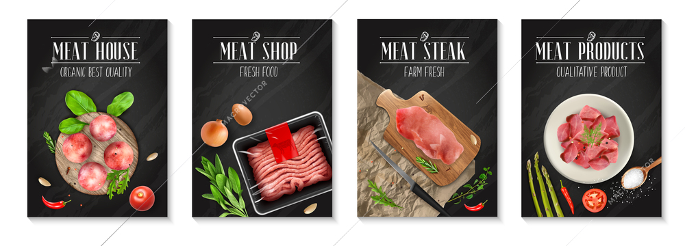 Meat product realistic posters set with forcemeat steak cutlet organic farm production isolated vector illustration