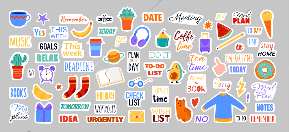 Set of flat colored sticker mockups with cute cartoon images and handwritten lettering for planners and daily notebooks isolated vector illustration