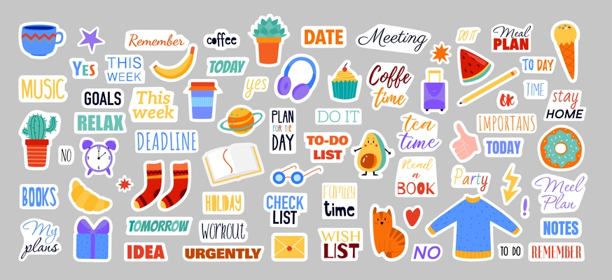 Set of flat colored sticker mockups with cute cartoon images and handwritten lettering for planners and daily notebooks isolated vector illustration