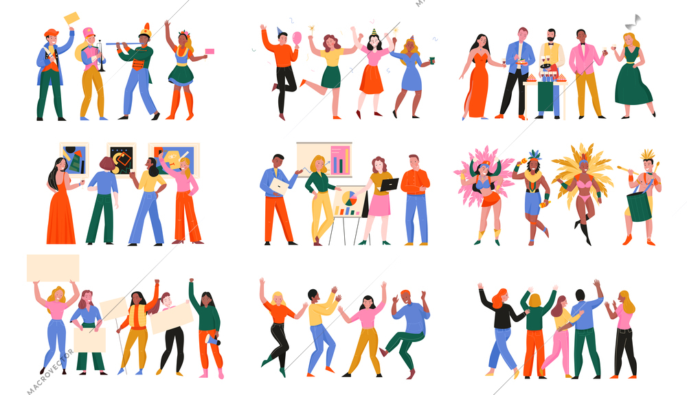 Mass event flat set of people involved in conference dance party carnival politic protest isolated vector illustration