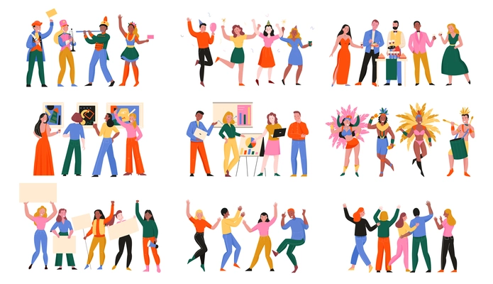 Mass event flat set of people involved in conference dance party carnival politic protest isolated vector illustration