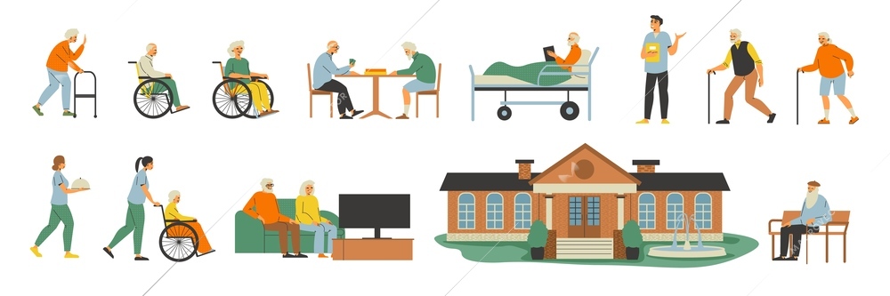 Staff and inhabitants of nursing home flat  set with elderly people spending leisure time together and assistants looking for disabled isolated vector illustration