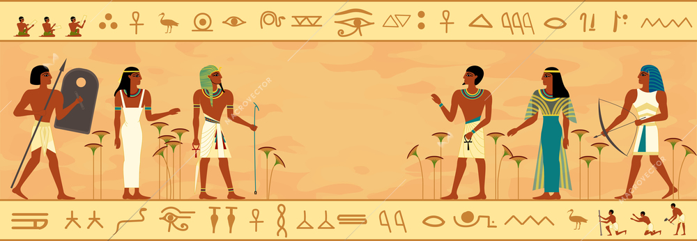 Ancient egypt society composition with horizontal view of flat human characters with frame and written hieroglyphs vector illustration