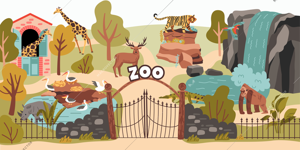 Zoo outdoor scene with entrance gate wild animals and birds walking on territory flat vector illustration