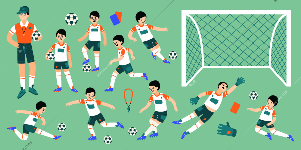 Children football team flat set with coach and boys playing soccer on green field isolated vector illustration
