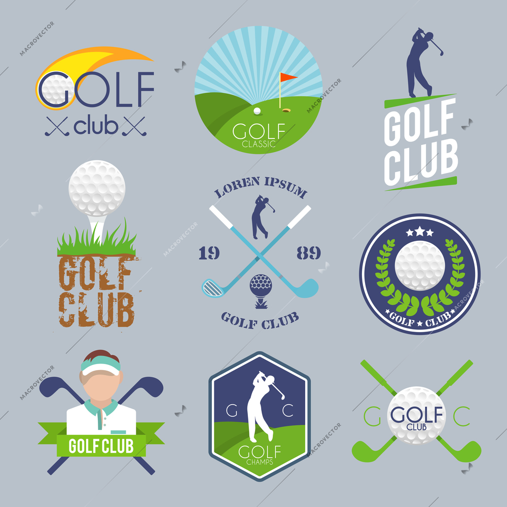 Golf club label set with ball tee player lawn competition isolated vector illustration