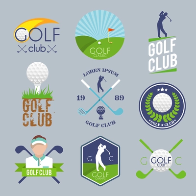 Golf club label set with ball tee player lawn competition isolated vector illustration