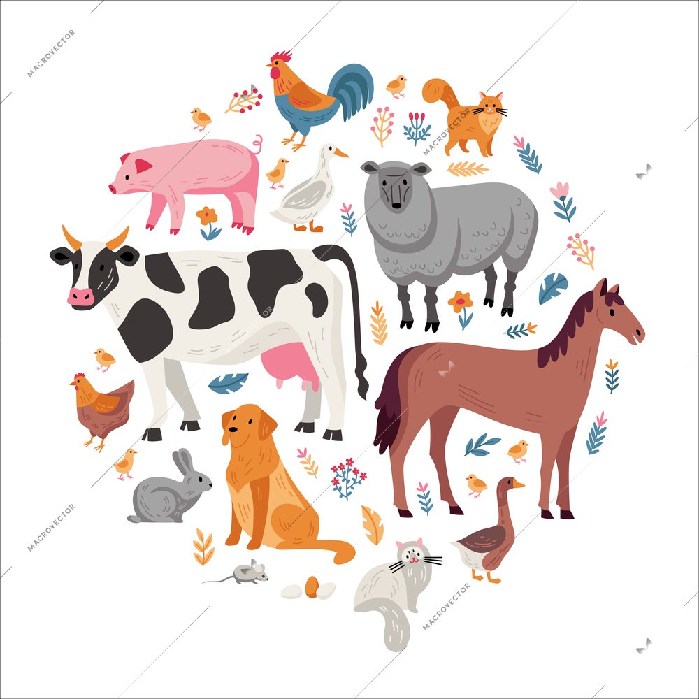 Farm animals birds and pets circle flat composition with cow pig horse goose mouse cat sheep duck vector illustration