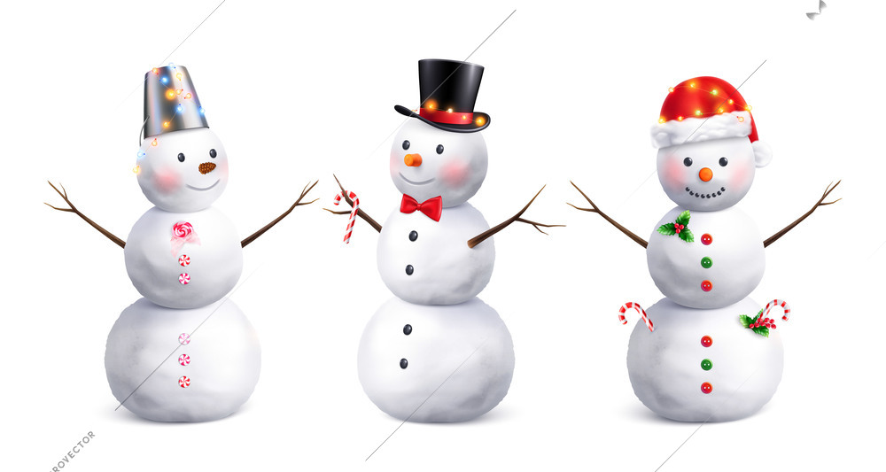 Realistic set of three snowman in Christmas decoration isolated vector illustration