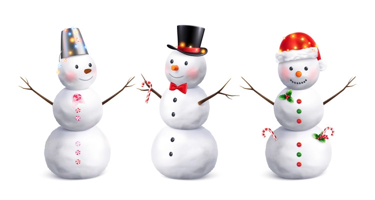 Realistic set of three snowman in Christmas decoration isolated vector illustration