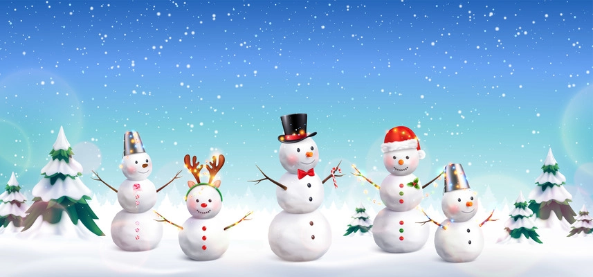 Realistic backgroud with set of snowmen in winter Christmas forest vector illustration