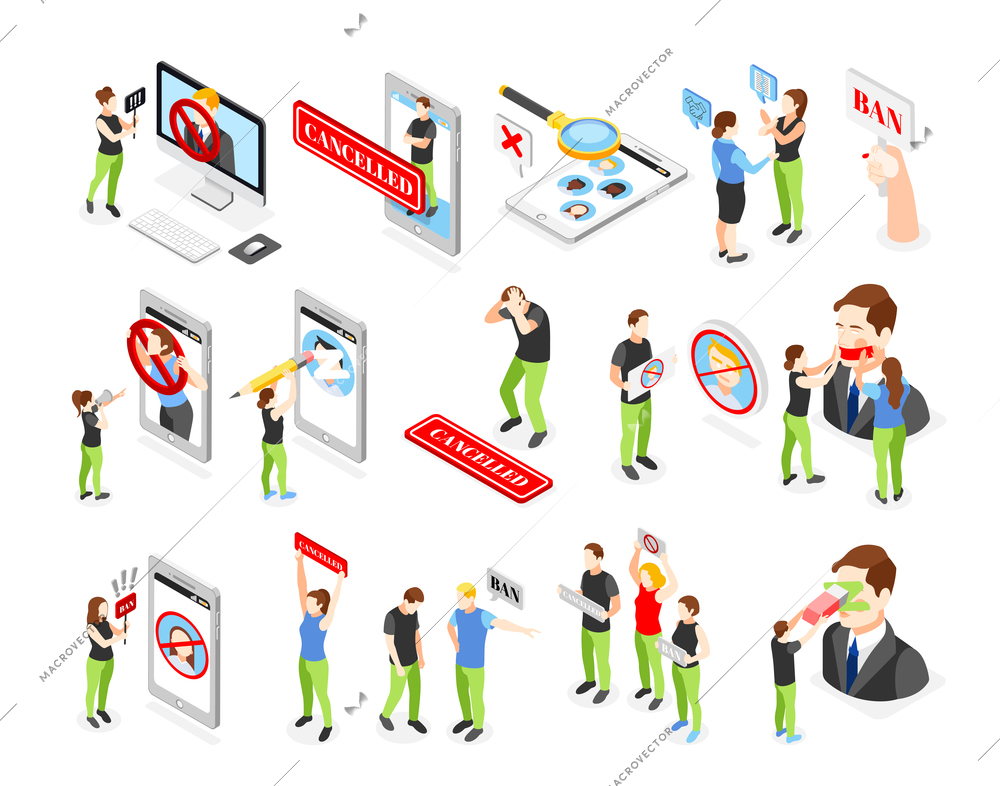 Cancel culture isometric icons set with banned people prohibition signs electronic devices isolated 3d vector illustration