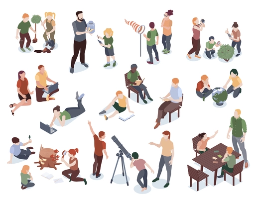 Isometric nature study color set of isolated icons with human characters of children exploring outside world vector illustration