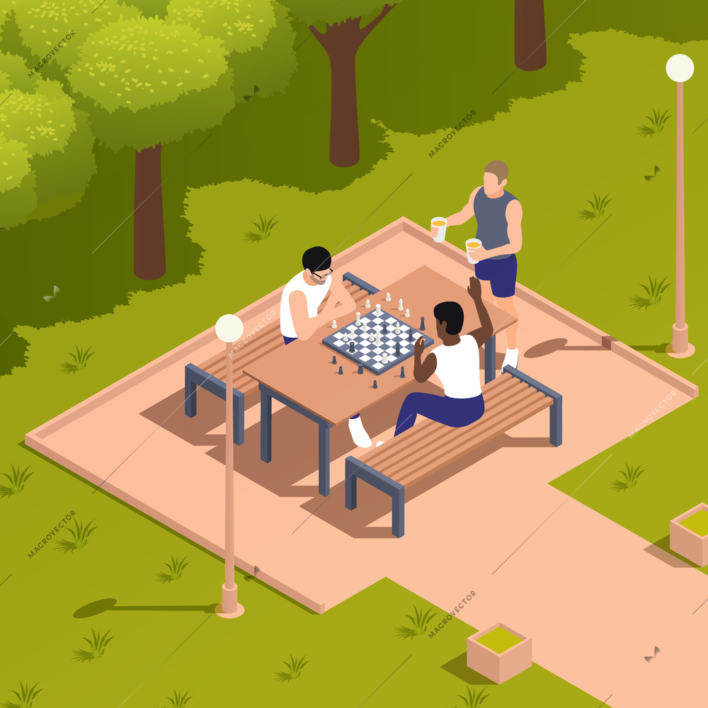 Sitting people isometric composition with outdoor park scenery and friends playing chess at table on benches vector illustration