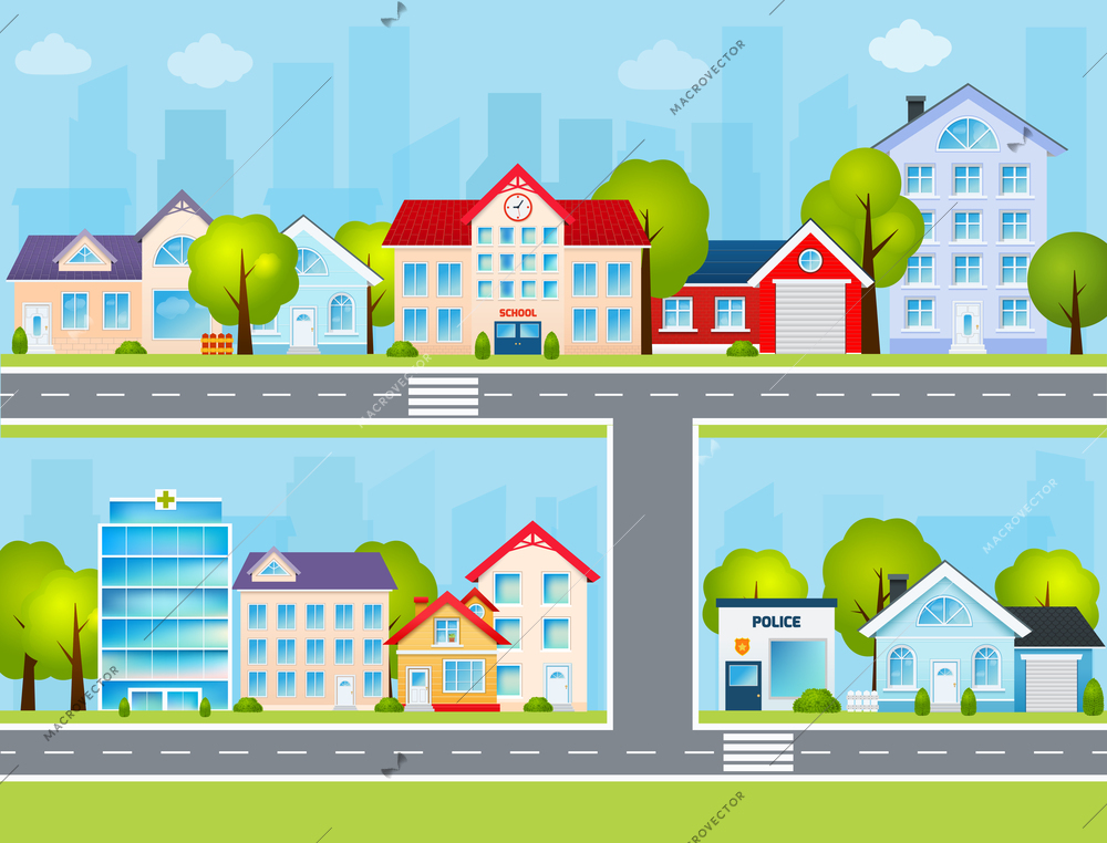 Flat town buildings with private houses school police office vector illustration