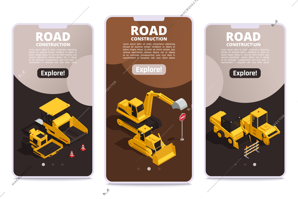 Road construction set of three vertical banners with isometric images of road machinery text and buttons vector illustration