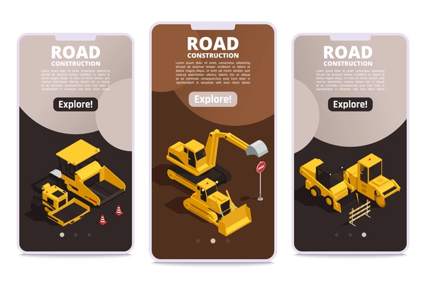 Road construction set of three vertical banners with isometric images of road machinery text and buttons vector illustration