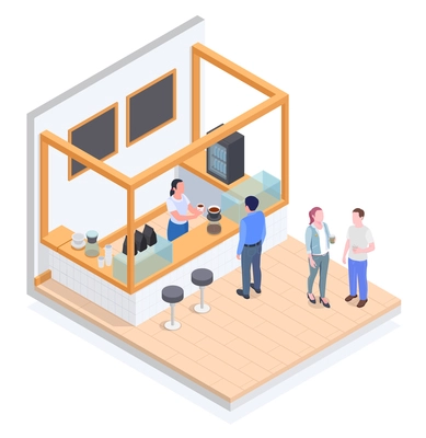 Small business owner family business isometric colored composition bar in coffee shop and visitors vector illustration