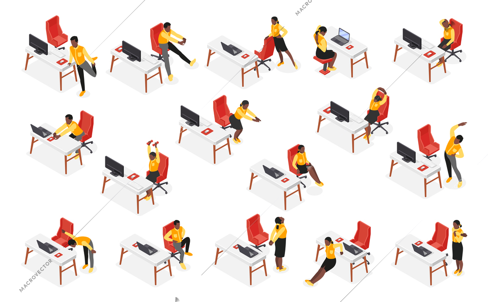 Office stretches isometric set of people doing body workout at workplace during work pause isolated vector illustration