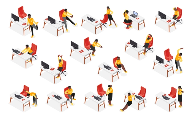 Office stretches isometric set of people doing body workout at workplace during work pause isolated vector illustration