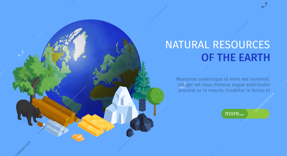 Natural resources isometric horizontal landing page banner with earth ball forest minerals animals water background vector illustration