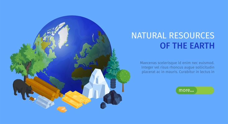 Natural resources isometric horizontal landing page banner with earth ball forest minerals animals water background vector illustration