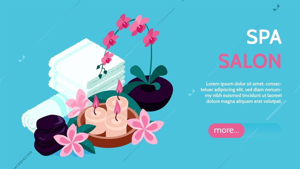 Isometric spa horizontal banner with editable text more button and composition of flowers candles and towels vector illustration