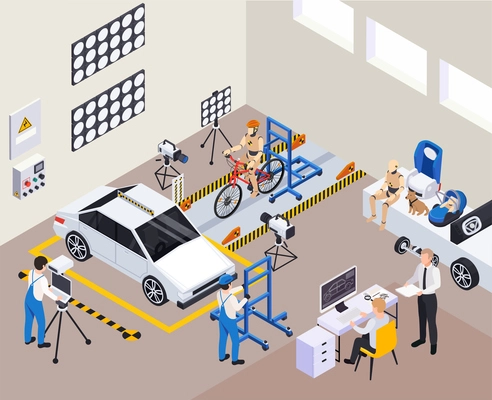 Crash test car safety isometric composition with indoor scenery car bicycle and people collecting damage statistics vector illustration