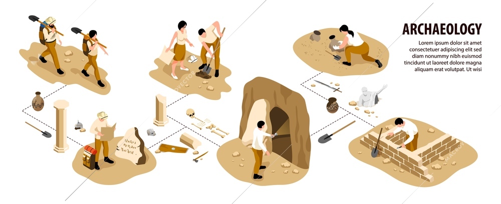 Archaeology isometric set with artifacts and tomb symbols isolated vector illustration