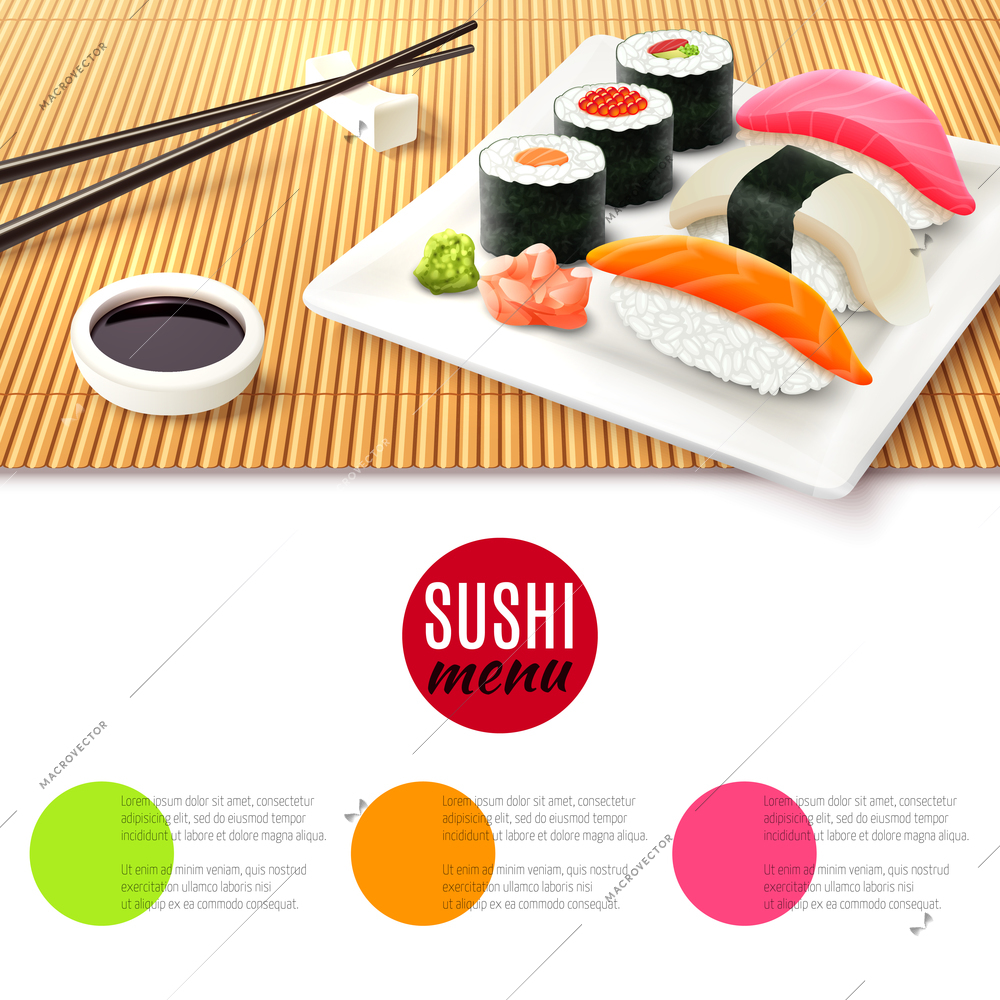 Sushi roll realistic and bamboo mat with chopsticks and soy sauce japanese menu background vector illustration