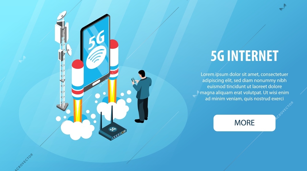 5g Internet banner with antenna and receiver symbols isometric vector illustration