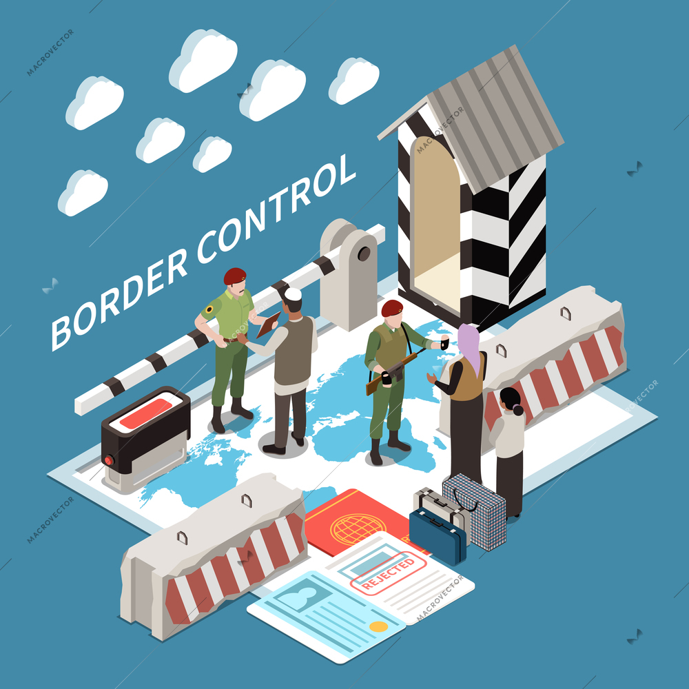 Border control isometric vector illustration with border guards checking immigrants visa with rejected stamp