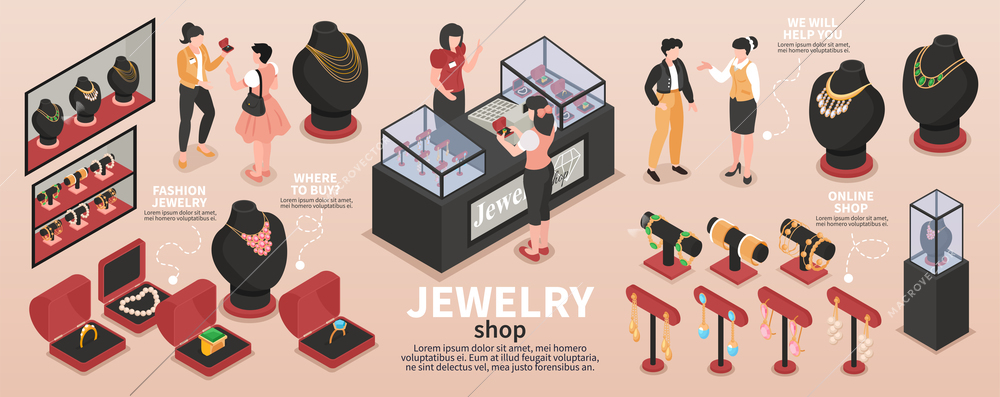 Isometric fashion jewelry shop infographics with goods and customer service 3d vector illustration