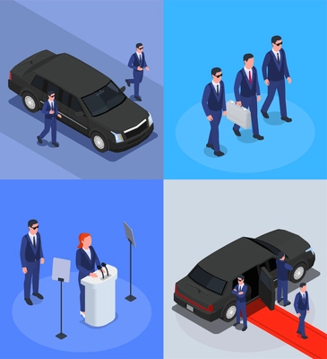 Security service isometric concept with private escort officers bodyguards protecting politicians stepping out of auto celebrities vector illustration