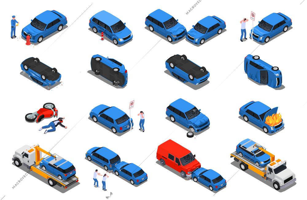 Road traffic accidents isometric set 2 vehicles collision injured motorcyclist crash into road sign car evacuator vector illustration