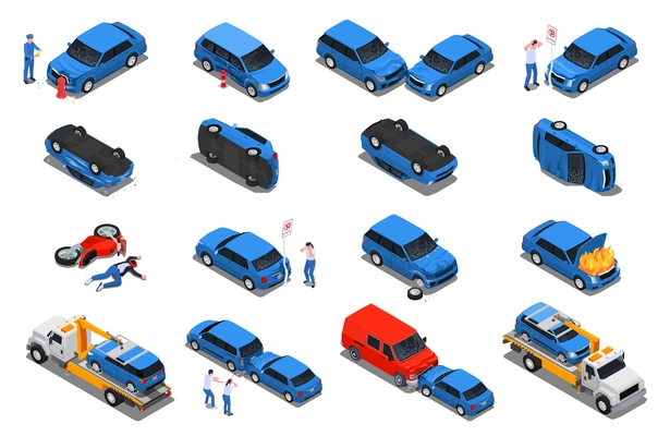 Road traffic accidents isometric set 2 vehicles collision injured motorcyclist crash into road sign car evacuator vector illustration