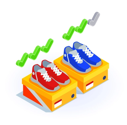 Customer experience software feedback review buyers satisfaction score products promotion isometric composition with sneakers sale vector illustration