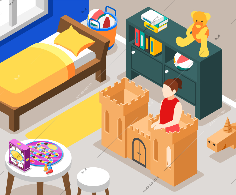 Cardboard toys background with castle building symbols isometric vector illustration