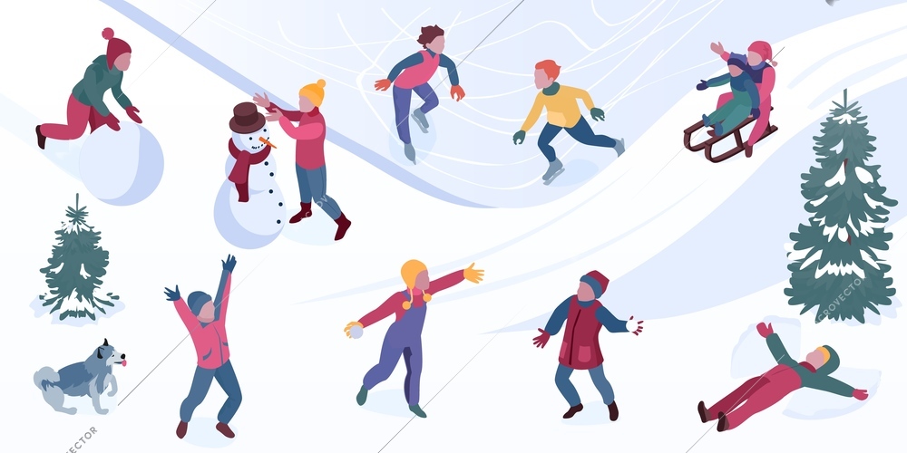 Children having fun during winter holidays making snowman snow angel sledding ice skating playing snowball fight 3d isometric vector illustration