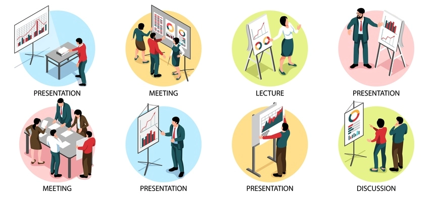 Presentation meeting lecture discussion round colored compositions set isolated on white background isometric vector illustration