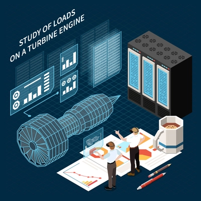 Isometric digital twin technology composition with virtual 3d model of turbine engine and researchers wearing vr headset vector illustration