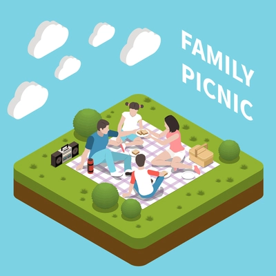 Family having picnic eating sandwiches and listening to music on blue background with clouds 3d isometric vector illustration